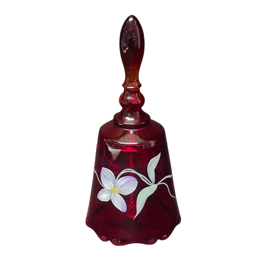 Fenton Art Ruby Red Floral Hand Painted Glass Bell Signed T. Watson